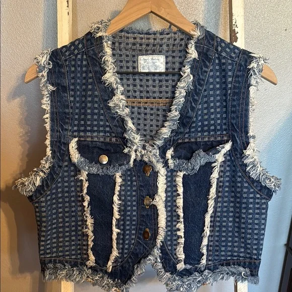 Vintage Simply Barbara of Colorado Frayed Denim Vest with Checkered Pattern - Picture 1 of 10
